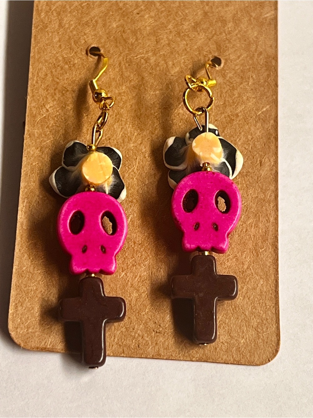 Hand-Crafted Pink Skull & Black Cross Dangle Earrings